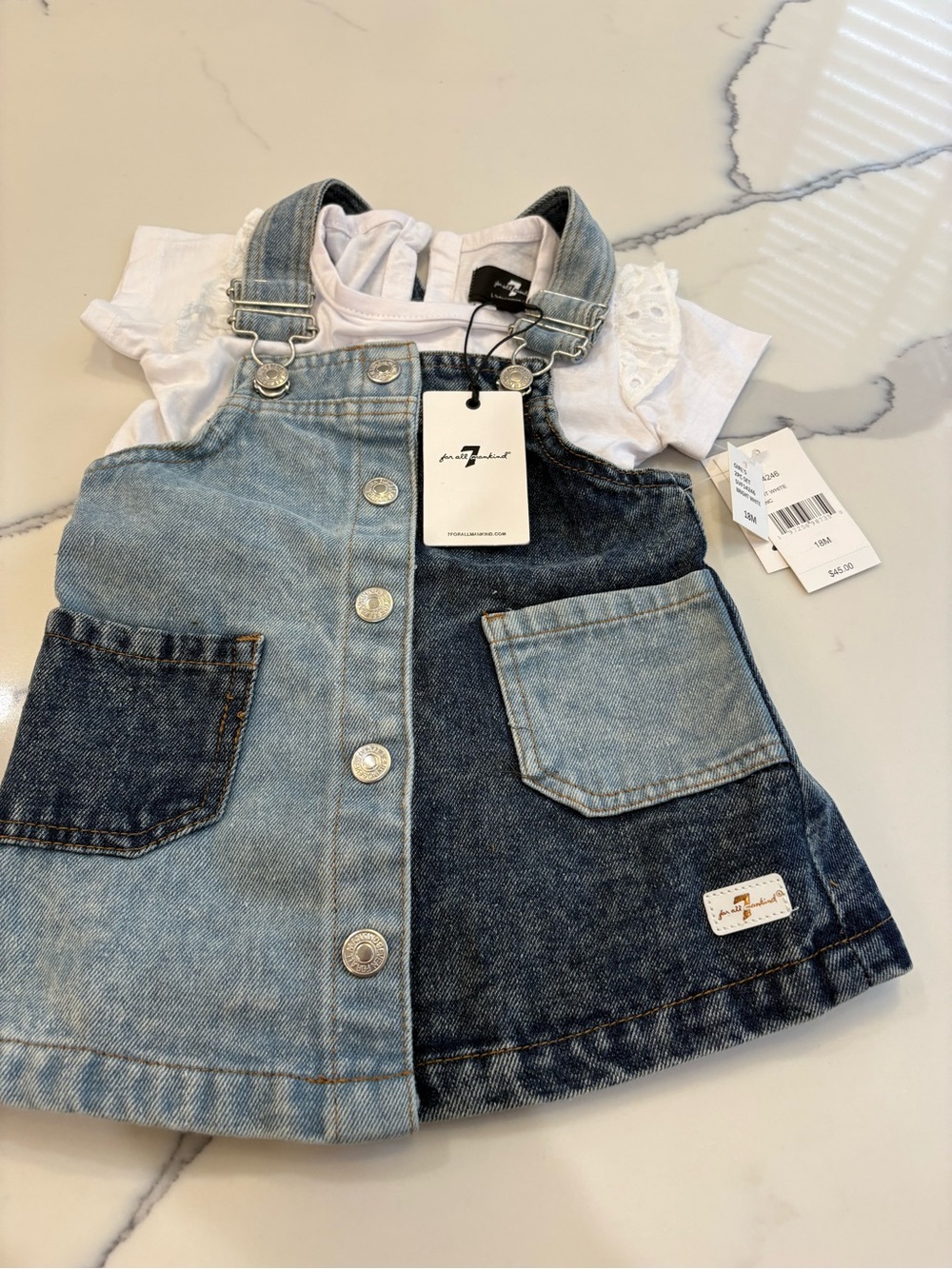 7 For All Mankind Girls Two-Tone Denim Pinafore Dress in Light Blue & Dark Blue